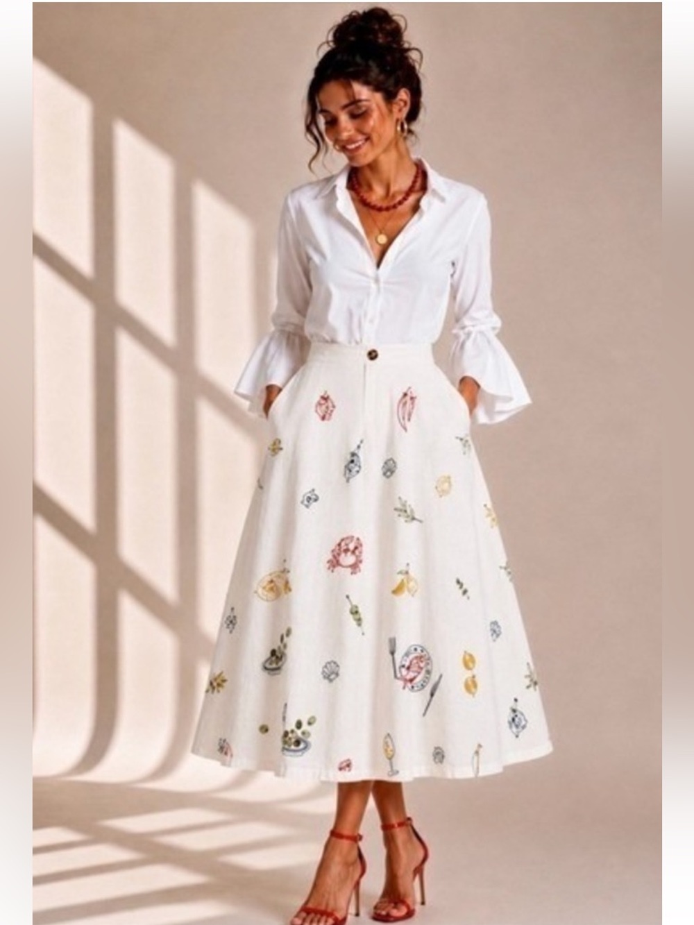 Caroline Constas Seafood Olives Fish Embroidered Linen Midi Maxi Skirt Size 10